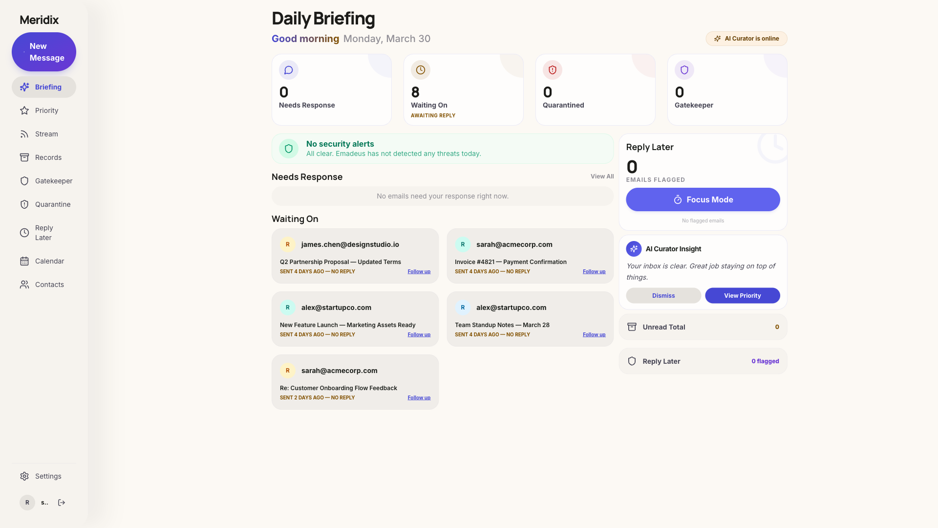 Meridix Dashboard — AI-powered email inbox with daily briefing, security scanning, and smart actions